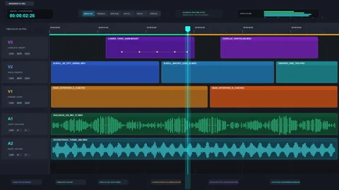 Video editing timeline software interface audio waveform track timeline Vidéo 346740794