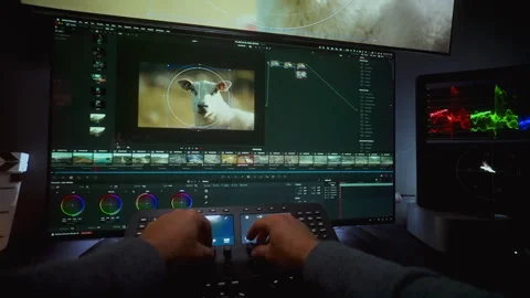 Video Editor Adjusting Colors With Advanced Grading Console Stock Footage 313468399