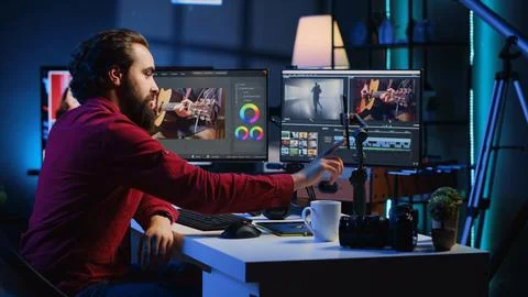 Video editor content creator filming tutorial about professionally editing Fotos de archivo