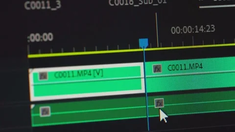 Video editor cutting green clips on digital software timeline Stock Footage 333484561