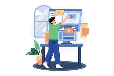 Video Editor is editing videos on the computer. Stock Illustration