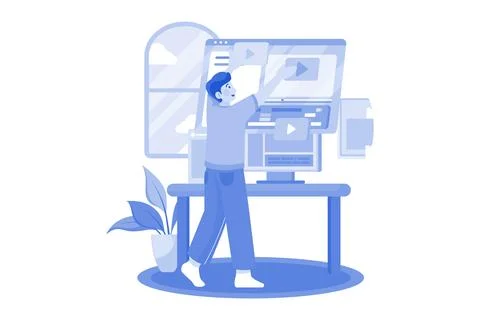 Video Editor is editing videos on the computer. Illustrazione stock