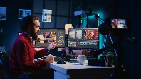 Video editor filming online tutorial about editing color grading and lighting 库存照片