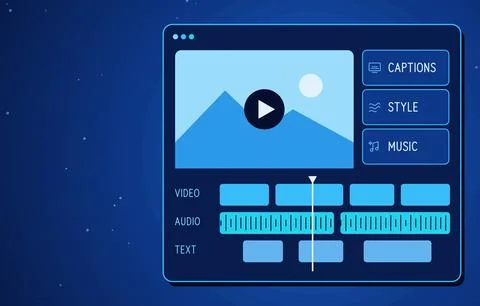 Video editor interface with preview player, captions, style, music tools, Stock Illustration