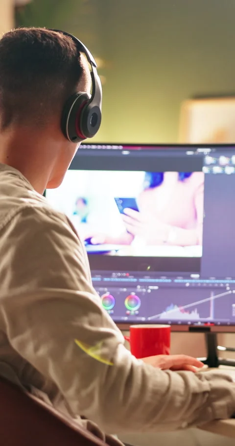 Video editor, online and man with headphones, computer screen or creative for Stock Footage 327707956