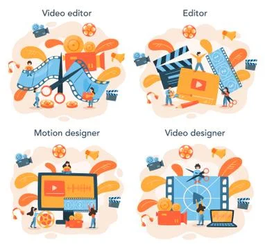 Video editor or designer set. Artist create computer animation for multimedia Stock Illustration