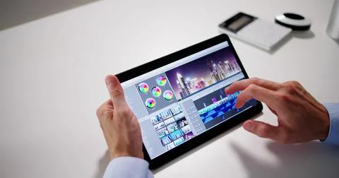 Video Editor Or Designer Using Editing Software Tech Foto stock