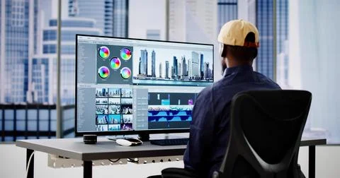 Video Editor Or Designer Using Editing Software Tech On Computer Foto stock