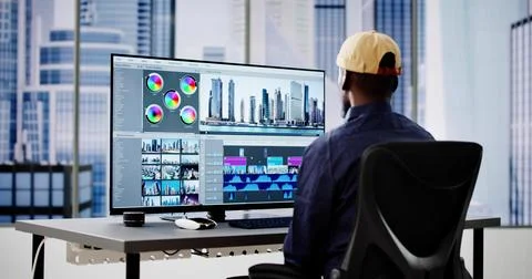 Video Editor Or Designer Using Editing Software Tech On Computer Foto stock