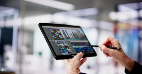 Video Editor Or Designer Using Editing Software Tech On Computer Stock Photos