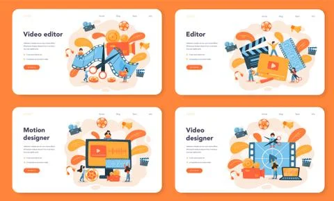 Video editor or designer web banner or landing page set. Artist create Stock Illustration