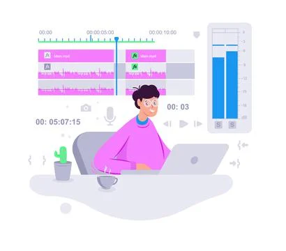 Video editor sitting and creating video project at laptop Stock Illustration