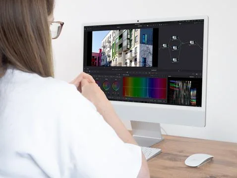 Video editor timeline interface on computer screen with color wheels and au.. Stock Photos