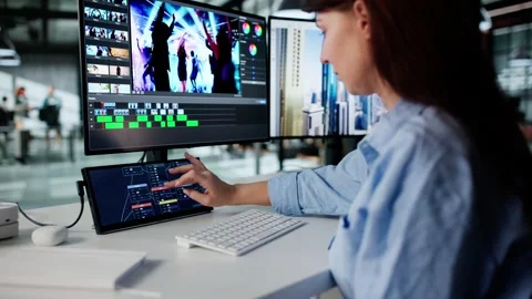 Video Editor Using Node Editor On Secondary Screen For Color Grading Stock Footage 322860865