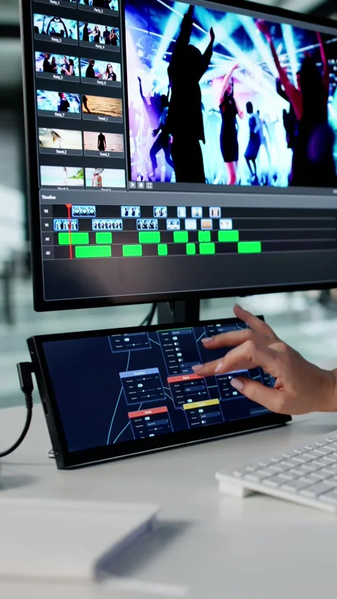 Video Editor Using Node Editor On Secondary Screen For Color Grading Video stock 322870558