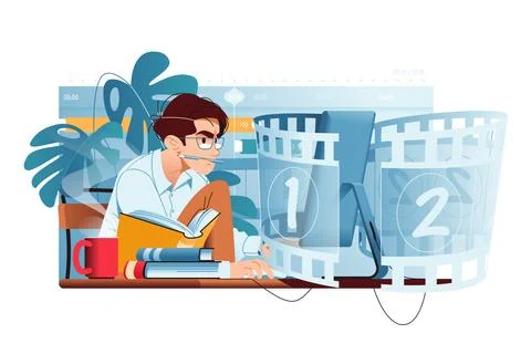 Video editor at work vector illustration. 스톡 일러스트