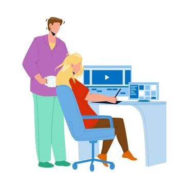 Video Editor Working On Laptop At Workplace Vector Stock Illustration
