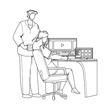 Video Editor Working On Laptop At Workplace Vector Stockillustratie