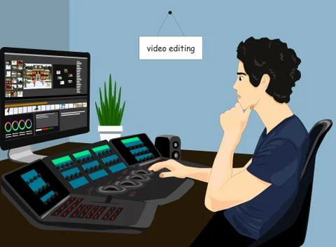 Video editor working vector icon. Concept of video editing illustration. Man on Stock Illustration