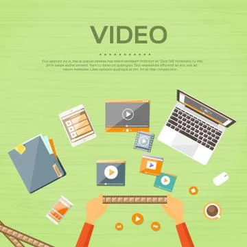 Video Editor Workplace Hands Laptop Player Flat Illustrazione stock