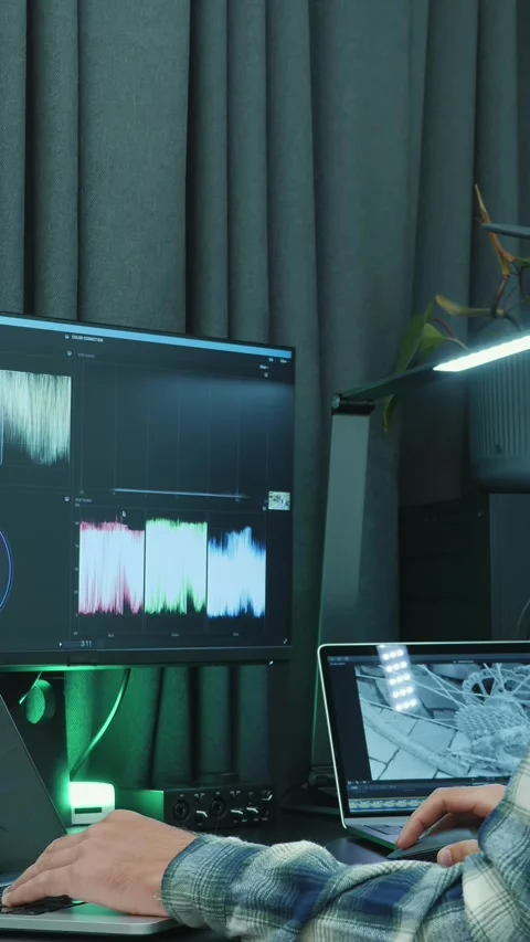 Video editor works on computer. Color correction program. Vertical video Stock Footage 311258638