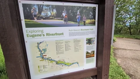 Video of an “Exploring Eugene's Waterfront” sign featuring a map of parks Vidéo 343437365