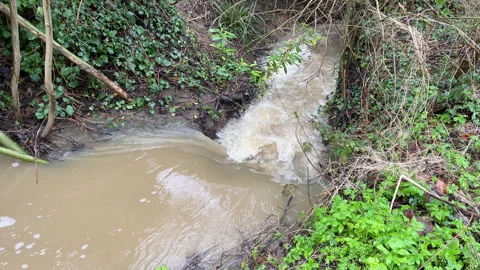 Video of a fast flowing stream that is polluted with sewage Stock Footage 267032572