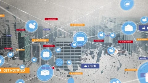 This video features a social media network with a digital interface and Stock Footage 328145468