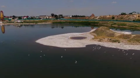 Video filming from a drone. flight over a salt lake Stock Footage 146309488