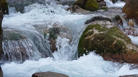 Video of a flowing turbulent mountain river with cold clear water falling Stock Footage 313943041