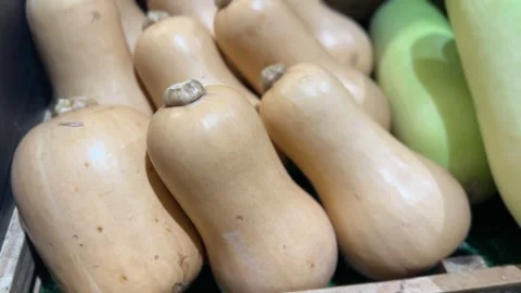 Video of fresh butternut squashes stacked on wooden shelf Stock Footage 316812698