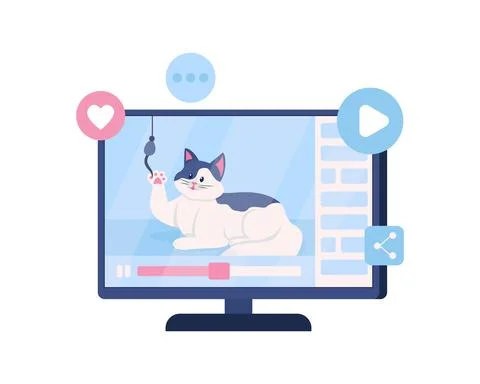 Video with funny cat on computer screen semi flat color vector object Stock Illustration