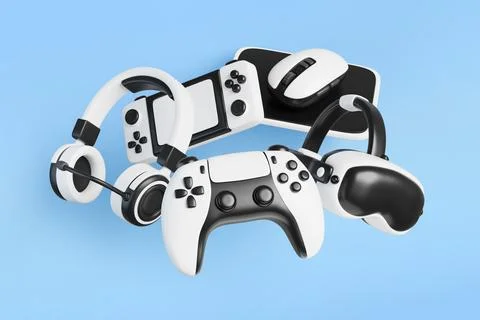 Video game 3d blue background with flying joystick, virtual reality headset Illustrazione stock