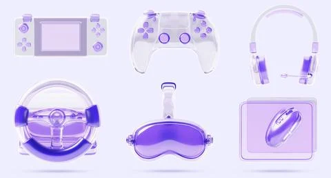 Video game 3d render icon set with transparent purple design. Glass holographic Illustrazione stock