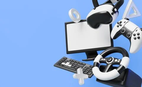 Video game 3d web banner with flying joystick, vr glasses, computer, gamer Illustrazione stock