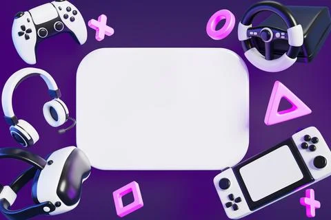 Video game 3d web banner. Blank white poster template with flying gamer devices 스톡 일러스트