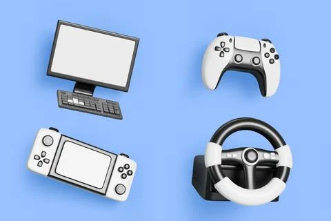 Video game cartoon 3d render icon set. Realistic joystick gamepad, handheld Stock Illustration