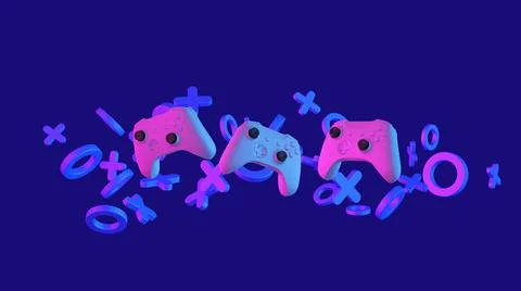 Video game controller and abstract shapes with neon stylized lighting. Gaming Stock Illustration