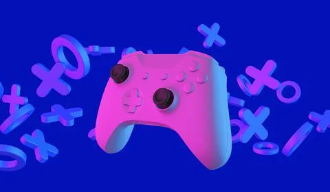 Video game controller and abstract shapes with neon stylized lighting. Gaming Stock Illustration