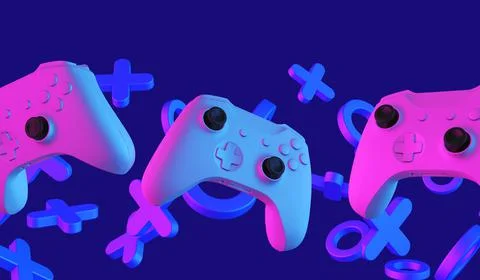 Video game controller and abstract shapes with neon stylized lighting. Gaming Stock Illustration