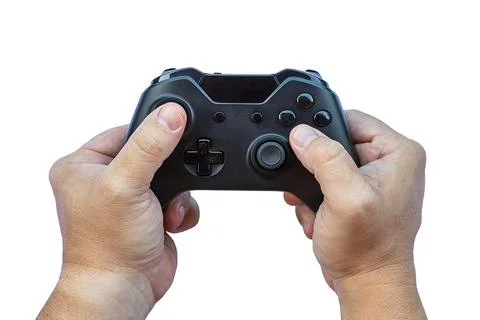 Video game controller and game controller. White background. Selective focus. Foto stock