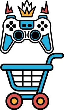 A video game controller and a shopping cart are shown together Stock Illustration