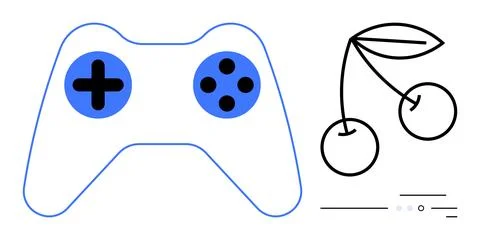 Video game controller with blue buttons paired with a simple cherry drawing.  Stock Illustration