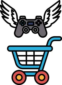 A video game controller is flying above a shopping cart Illustrazione stock