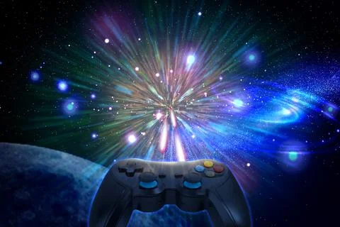 Video game controller flying in cosmos. Playing space flight simulation Stock Photos