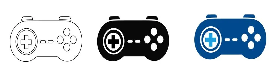 Video Game Controller Icons in Outline Black and Blue Styles Stock Illustration