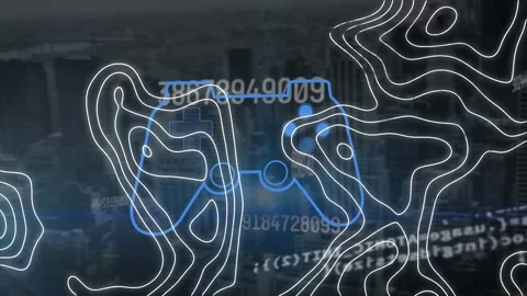 A video game controller superimposed over a cityscape Stock Footage 327361168