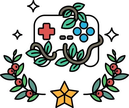 A video game controller is surrounded by leaves and berries Stock Illustration