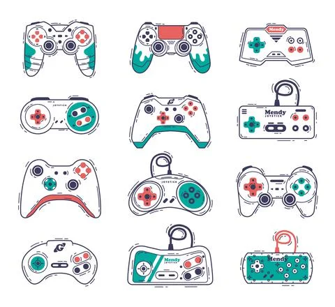 Video Game Controllers Set, Gamepad Consoles, Video Gamer Gadgets Hand Drawn Stock Illustration