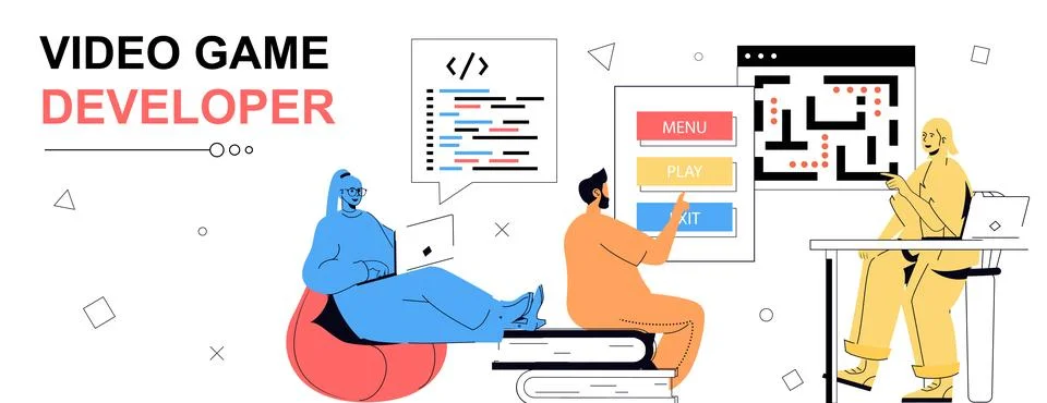 Video game developer concept in flat cartoon design for web banner. People cr イラスト素材